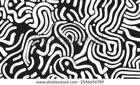 A seamless horizontal banner featuring thick, bold curved lines and squiggly patterns with a strong, striking appearance. The design should create abstract and playful doodle-style ornaments. 