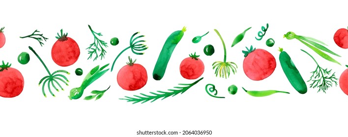 Seamless Horizontal Border With Summer Vegetables Hand Painted In Watercolor. Subtle Tomatoes, Onions, Cucumbers And Herbs On White Background