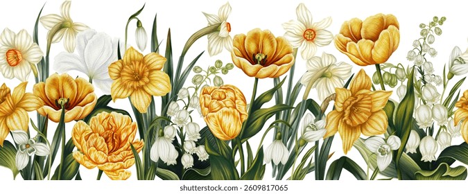 Seamless horizontal pattern with spring flowers. Watercolor tulips, snowdrops, lily of the valley, daffodils. Bloom garden banner. Print card with primroses. Floral border in yellow and white tones