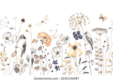 Seamless horizontal pattern with wild plants and flowers, tufted titmouse birds on plants, butterfly and dragonfly. Watercolor isolated floral border for wallpapers, background, cover or murals.