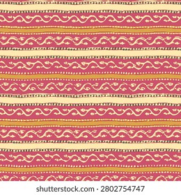 A seamless horizontal stripe pattern inspired by traditional handcrafted textiles, featuring ornamental bands in warm earthy shades. Perfect for apparel, ethnic fabrics, wallpapers, upholstery, and decorative surface design.