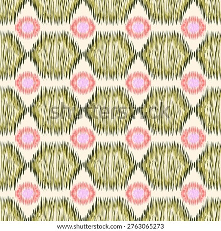 Seamless ikat pattern in ethnic style with hand-drawn geometric diamond shapes in olive green and coral pink on beige background