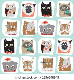 Seamless  Illustrated Cartoon Christmas Cats Background. Cute Animal Tile Pattern. New Year Wrapping Papper Texture