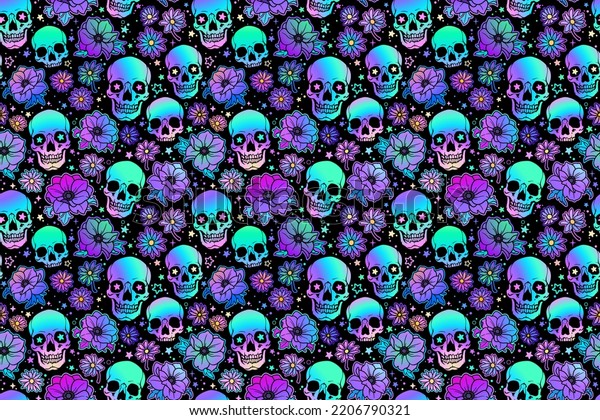 Seamless Illustration Holographic Bright Human Skulls Stock ...