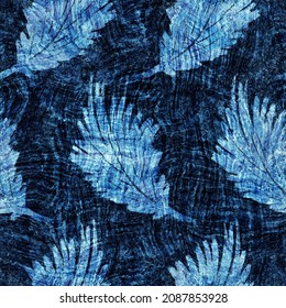 Seamless indigo block print texture on navy blue woven effect background. Japanese style washed denim batik resist pattern. Worn masculine cloth print swatch.