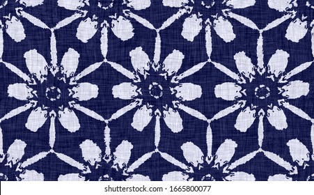 Seamless indigo dyed bandana texture. Blue dark woven cotton effect background. Repeat Indonesian batik resist pattern. White block printed vintage all over textile. Worn handmade boho cloth print