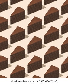 Seamless Isometric 3d Render Pattern.  Chocolate Cake. Cacao Lover. Minimal Design. Restaurant, Bar, Sweet Candy Shop, Food Delivery Concept