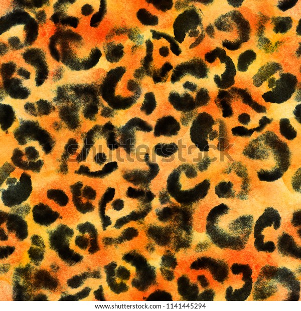 シームレスなジャガー柄 手描きの水彩動物のテクスチャー オレンジの背景に黒いスポット ヒョウの毛のラスターテクスチャー のイラスト素材