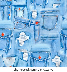 Seamless Jeans Pattern-blue Denim Texture. Denim Patchwork Material. Seamless Pattern Of Real Denim Pants. 