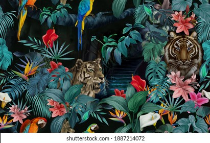 seamless 
Jungle pattern.Leopards,tropical leaves and flowers.Dark exotic forest.