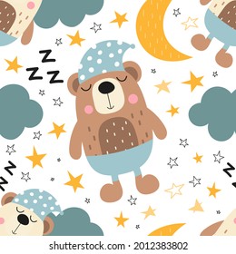 Seamless kids pattern for nursery decor, baby apparel, bedlinen. Cute sleeping bears, clouds, moon, stars. Kids illustration. Pattern is cut, no clipping mask.