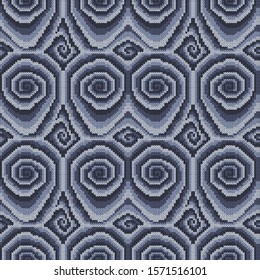 Seamless knitting pattern with swirl elements in muted gray and blue hues, pattern as a fabric texture