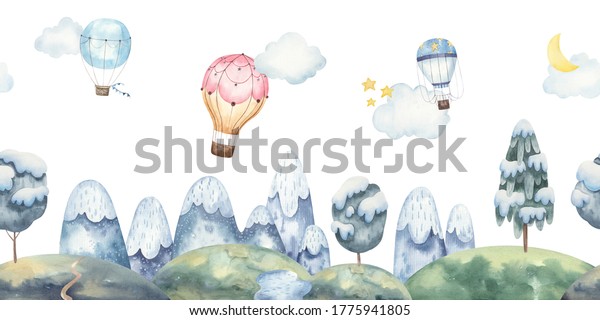 Seamless landscape pattern for kids design with mountains, balloons, snow-covered trees, stars, moon. watercolor illustration on white background. Illustration for greeting cards, interior.