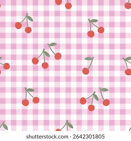 Seamless large scale cherry pattern on pink gingham – oversized red cherries on pastel check background for wallpaper, kitchen fabric, or nursery decor