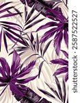 Seamless leaf pattern with abstract hand drawn art flower and leaf background elements isolated in purple, beige, and pink colors.