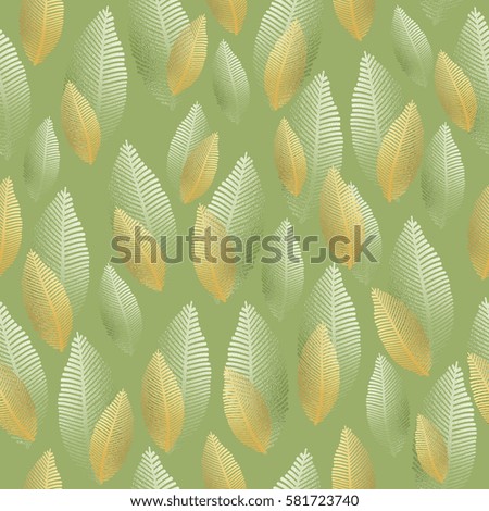 Seamless leaf pattern with gold and silver foil texture. Stylized leaf pattern on green background