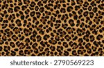 Seamless leopard animal print pattern with realistic wild fur texture in brown and black tones. Trendy fashion inspired background ideal for textile printing, fabric, wallpaper, wrapping paper, apparel, interior decor, and modern decorative design projects