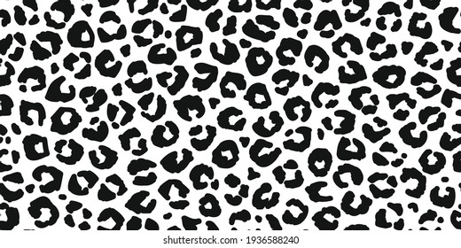 Seamless leopard fur pattern. Fashionable wild leopard print background. Modern panther animal fabric textile print design. Stylish black and white illustration