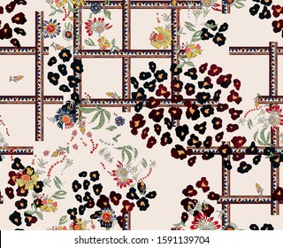 seamless leopard skin, flower, leaf and stripe plaid ethnic print . fabric pattern.
