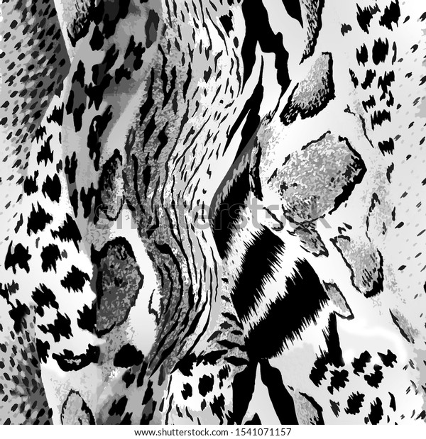 Seamless leopard, tiger, giraffe, zebra texture, mix animals texture. High resolution image for wallpaper customization. 