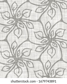Seamless light grey woven floral linen texture background. Flax hemp fiber natural pattern. Organic fibre close up weave fabric surface material. Ecru flower natural gray cloth textured rough material
