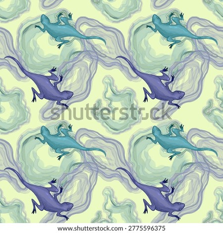 Seamless with lizards, drawing created by graphic tablet paint tool. Endless drawing.