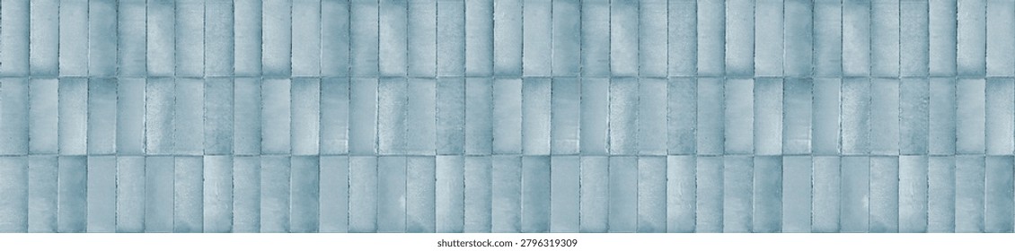 Seamless long horizontal border of soft blue glazed ceramic tiles showcasing raw textures, artisan details, and a minimalist design layout.