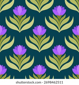 Seamless lotus flower pattern, elegant floral vector background with decorative petals and leaves, botanical repeating design for spa, wellness, beauty, yoga, natural product and packaging branding