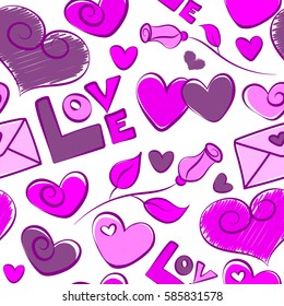 Seamless love text, heart and letter pattern in pink, purple and magenta colors, spring summer time, gentle romantic Valentine day background allover print design. Sketch on a white background.