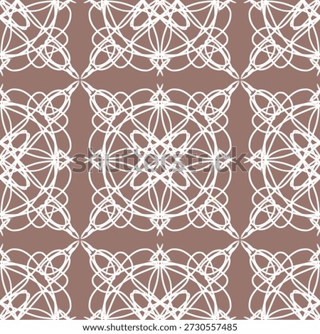 Seamless luxury geometric pattern background with white filigree line art ornament and mandala shapes on brown backdrop for elegant wallpaper, vintage fabric textile, and decorative border design.