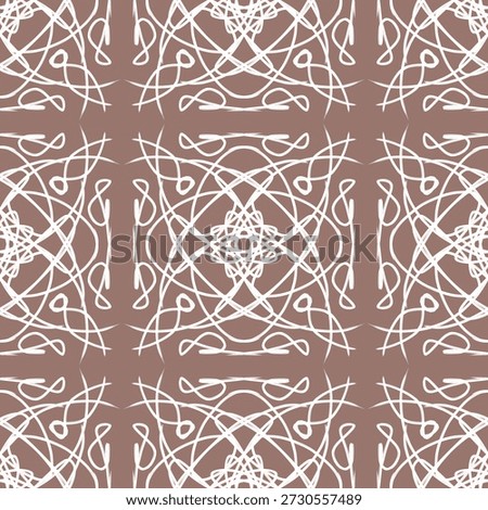 Seamless luxury geometric pattern background with white filigree line art ornament and mandala shapes on brown backdrop for elegant wallpaper, vintage fabric textile, and decorative border design.