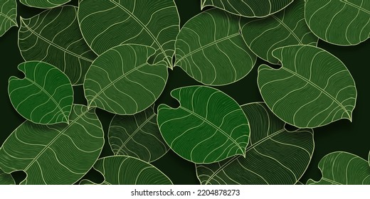 Seamless Luxury Gold And Nature Green Background. Floral Pattern, Golden Split-leaf Philodendron Plant With Monstera Plant Line Arts, Illustration.