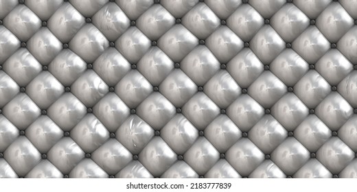 Seamless luxury grey leather padded upholstery background texture. Trendy elegant retro silver vinyl diamond tufted chesterfield pattern, ideal for sofa cushion, headboard or backdrop. 3D rendering.