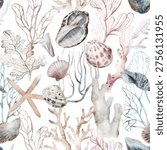 Seamless marine pattern with corals, shells, seaweed and starfish hand-drawn in watercolor.