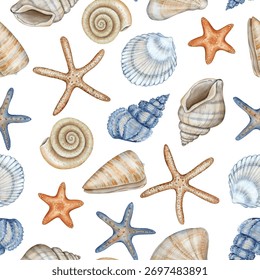 Seamless marine pattern with shells and starfish, different in color and shape. Watercolor illustration for fabric, cover, wrapping paper, wallpaper.