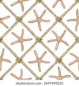 Seamless marine pattern with starfish and thick twisted rope forming a diamond-shaped net with knots, Painted in watercolor in beige tones for fabric, wallpaper, packaging, decorative elements.