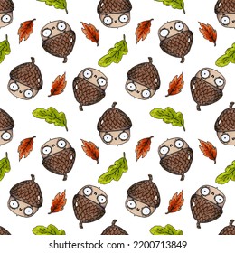 Seamless Marker Pattern With Cartoon Acorns And Autumn Leaves On A White Background.