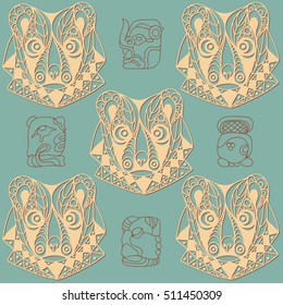 Seamless Maya art boho pattern with bear. Ethnic print. Aztec background texture. Fabric, cloth design, wallpaper, wrapping, packaging. 