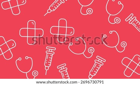 A seamless medical pattern featuring stethoscopes, syringes, and bandages on a red background, perfect for healthcare-related designs.