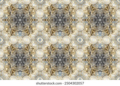 Seamless medieval floral royal pattern. Good for greeting card for birthday, invitation or banner. Decorative symmetry arabesque. Gold on gray, neutral, beige, brown, green and yellow colors. Raster. - Powered by Shutterstock