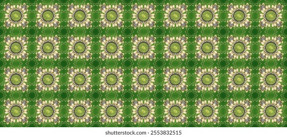 Seamless medieval floral royal pattern. Decorative symmetry arabesque. Gold on green, beige and neutral colors. Good for greeting card for birthday, invitation or banner. Raster illustration. - Powered by Shutterstock