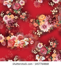 Seamless Mix Flower On The Redbackground