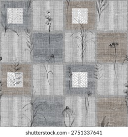 Seamless modern patchwork pattern featuring delicate botanical line drawings of wildflowers and grasses arranged in a balanced grid of square tiles. The design blends subtle striped textures and soft neutral tones of blue, beige, and gray, creating a calm and elegant natural aesthetic. The minimalist botanical illustrations and textured squares form a sophisticated repeating pattern, perfect for textile prints, wallpaper, home décor, stationery, packaging, and contemporary surface pattern design.
