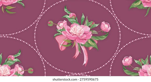 Seamless modern pattern with peonies in the styles of baroque, neoclassicism, and realism. Spring flowers for textiles, packaging, and wallpaper