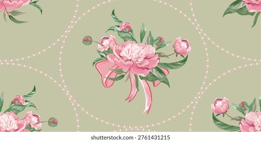 Seamless modern pattern with peonies in the styles of neoclassicism, and realism. Spring flowers for textiles, packaging, and wallpaper