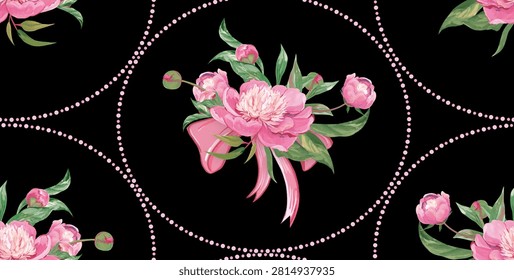 Seamless modern pattern with peonies in the styles of baroque, neoclassicism, and realism. Spring flowers for textiles, packaging, and wallpaper