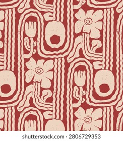 A seamless monochrome floral pattern featuring stylized flowers and abstract geometric motifs in terracotta red and ivory. Perfect for gift wrap, fabric, wallpaper, stationery, and premium packaging.