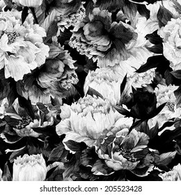 Seamless Monochrome Floral Pattern With Roses On Dark Background, Watercolor.