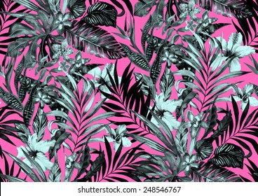 Seamless Monochrome Jungle Pattern. Tropical Flowers On Neon Background In Black And White. Midnight Exotic Design.