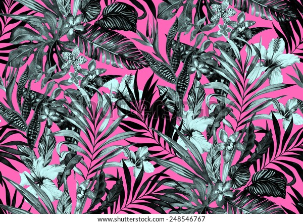シームレスな白黒のジャングル柄 白黒のネオン背景に熱帯の花 エキゾチックなデザイン のイラスト素材